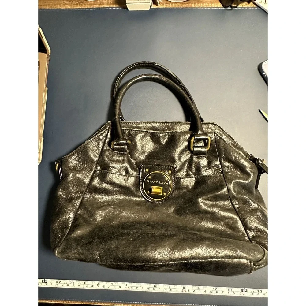 Elliott Lucca Black Leather Satchel Handbag Gold Hardware Turn Lock Pocket